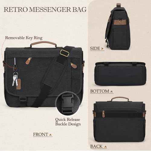 RAINSMORE Messenger Bag for Men 17-17.3 Inch Laptop Bag Water-resistant Canvas Computer Shoulder Bag Office Work Briefcase Large Casual Satchel Bags for Men Bookbag for College, Black