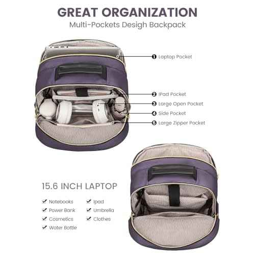 LOVEVOOK Laptop Backpack Purse for Women, Large Capacity Travel Business Computer Work Bag, Quilted Casual Nurse Backpack for Womens, Fit 15.6 Inch Laptop with USB Port, Purple Grey