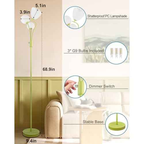 69IN Dimmable Floor Lamp Art Deco Floor Lamps with Globe & Flower Lampshade for Girls/Kid Room Standing Lamps with 3Pcs 3000K Bulbs Stylish Design Mid Century Modern Tall Lamp-Green