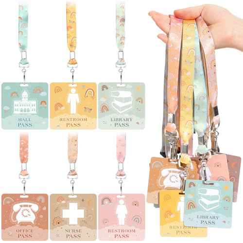 Kosiz 6 Sets PVC Boho Hall Pass Lanyards and School Passes Set Include 6 Pcs Unbreakable PVC Classroom Passes 6 Pcs Neck Lanyard for Teacher Must Have Student Nurse Office Classroom Supplies Reusable