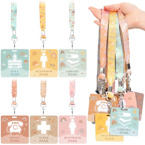 Kosiz 6-Pack Reusable PVC Boho Hall Passes with Lanyards for School & Classroom Management