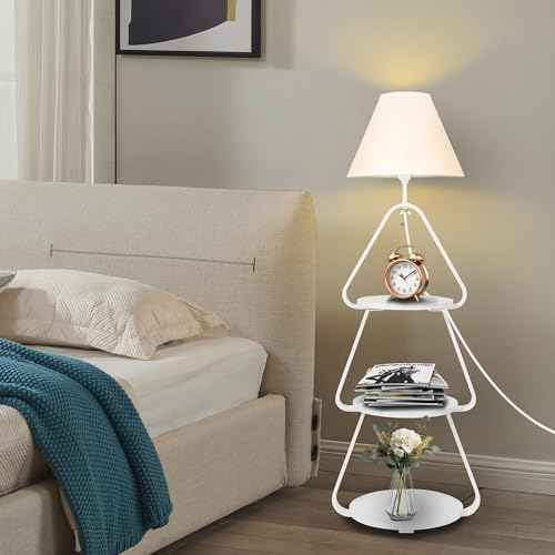 Floor Lamp with Small Round Side Table, 3-Tier Circular End Table with Storage Shelf, Round Corner Coffee Desk Nightstand for Living Room Bedroom Small Spaces, White