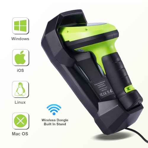 Barcode Scanner Wireless, 1D 2D Automatic Bar Code Scanner with 1.8 Inch Display Screen, Rechargeable Handhold Barcode Reader with 2.4G Wireless Dongle Built in Stand Plug and Play