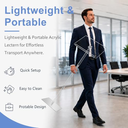 Koretech Clear Acrylic Podium Stand with Metal Base, 48in Tall, 16x12in Top - Lectern for Classroom & Events