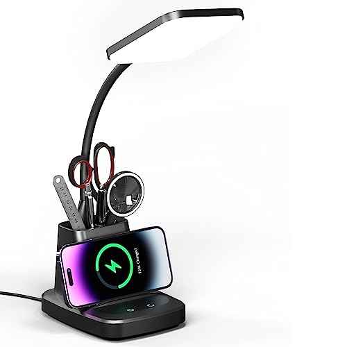 Desk Lamp for Home Office, LED Desk Lamp with Wireless Charger Pen Holder, Dimmable Desk Light with 3 Color Modes, Black Office Lamp for Dorm