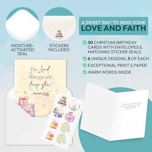 30 Pack Religious Birthday Cards with Envelopes and Stickers ? 4 x 6 in, Inspirational Christian Birthday Cards Bulk Boxed Set with Bible Verses and Greetings Inside for Women, Men, Kids