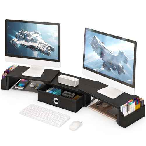 Dual Monitor Stand Riser w/ Drawer & Metal Leg, Large Computer Monitor Riser w/ Storage For 2 Monitors, Desk Shelf For Monitor w/ Adjustable Length & Angle, Desktop Organizer For Laptop/TV/Printer