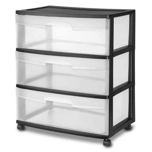 3 Drawer Plastic Storage Organizer - Wide Clear Pull Out Drawers, Black Storage Cart