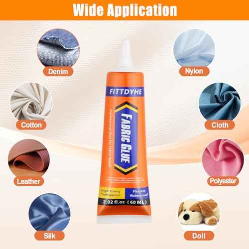 Fabric Glue Permanent, 60 ML Washable Clear Clothing Glue, Super Fabric Adhesive for Rhinestones, Patches, Clothes, Denim, Leather, Polyester, Fabrics, Doll Repair, Flannel, Cotton