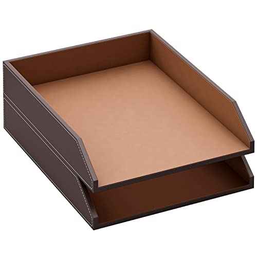 Leather Letter Tray, Thipoten Stackable Desk Organizer Holder for Office Supplies, Paper, File, Magazine, Perfect Office Organization for Desktop (Brown-2Tiers)