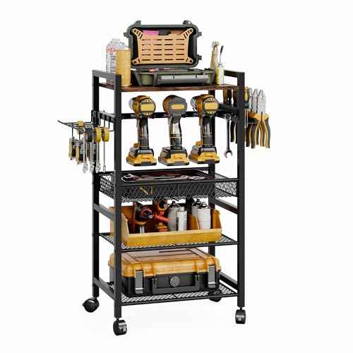 Power Tool Organizer Cart with 4 Wheels,Heavy Duty Utility Rack whth 6 Hooks,Floor Standing Rolling Tool Cart,Black