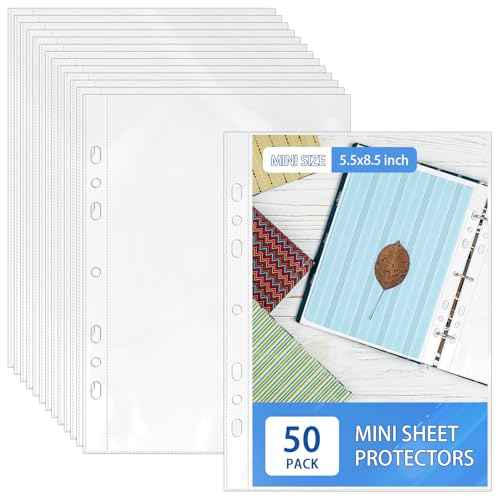 50 Pack 5.5x8.5 Inch Sheet Protectors for 3 or 6 Ring A5 Binder, Half Letter Size 7 Holes Mini Heavy-Duty Sheet Protector Sleeves Crystal Clear Playbill Binder Pockets