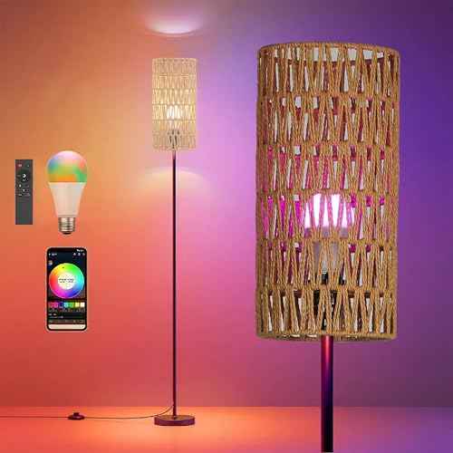 Floor Lamp for Living Room,Farmhouse Rattan Floor lamp,Modern Standing lamp with Hand-Worked Rattan Shade,RGB Bulb with Remote Controller