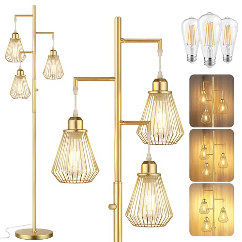 QiMH Industrial Floor Lamps for Living Room, Tree Standing Lamp with Stepless Dimmable, 68" Modern Tall Lamps for Bedroom Study Home Office, Rotary Switch, 3 LED Bulb Included, Gold