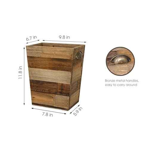 Small Wood Trash Can, Farmhouse Rectangular Garbage Can Waste Basket, Rustic Distressed Reclaimed Wood Wastebasket, Vintage Wooden Trash Recycling Bin Storage Basket with Metal Handles (Natural)
