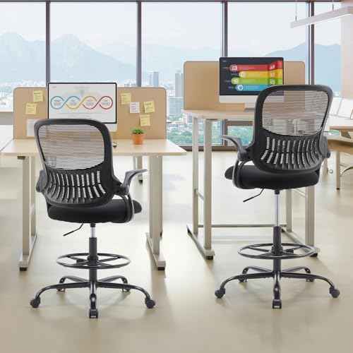 Sweetcrispy Tall Drafting Desk Chair - Ergonomic High Stool Computer with Adjustable Height and Comfy Lumbar Support, Office Rolling Counter with Flip-up Arm and Footrest, Black