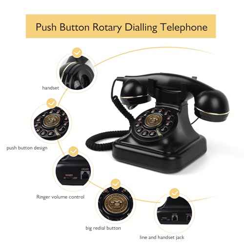 Rotary Phone, Old Desk Phones, Retro Landline Telephone, Classic Vintage Push Button Telephone with Redial Function for Home Office Hotel School, Black