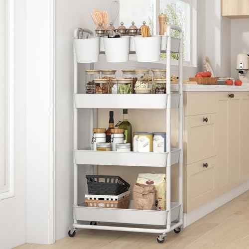 JIUYOTREE 4-Tier Plastic Rolling Storage Cart Utility Cart with Extra Hanging Cups Handles Lockable Wheels for Living Room Bathroom Kitchen Office White