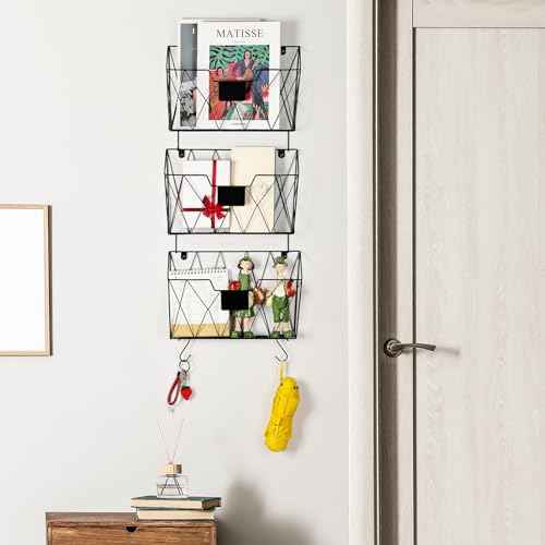 Hanging File Holder Wall File Organizer Holder, 6 Pockets Wall Mount Vertical Magazine Rack with Hooks for Office Home, Black