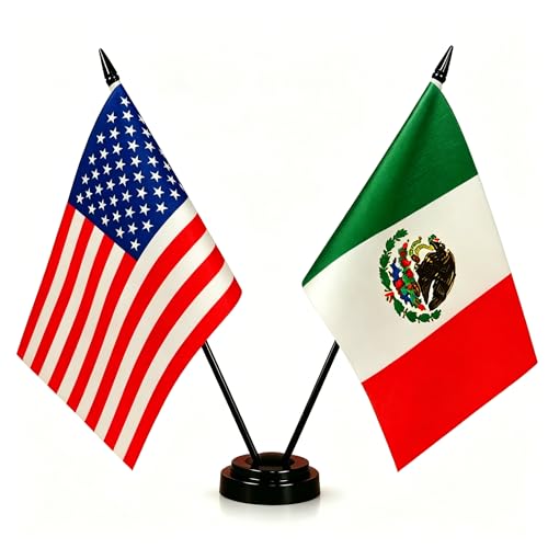 US & Mexico Twin Desk Flag Set - American & Mexican Miniature Flags for Display