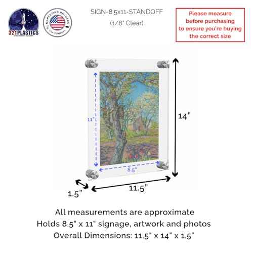 Wall Sign Holder Floating Clear Acrylic Wall Frame Holds 8.5 x 11 with Silver Standoffs Overall Dimensions 11.5" x 14" Peel Protective Film Art Gallery Lobby Directory Office by Marketing Holders