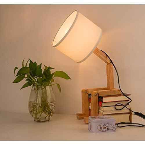 ELINKUME Robot Bedside Lamp, Fabric Lampshade Match Foldable Solid Wood Body, Creative E27 Screw Table Lamp for Bedroom Living Room