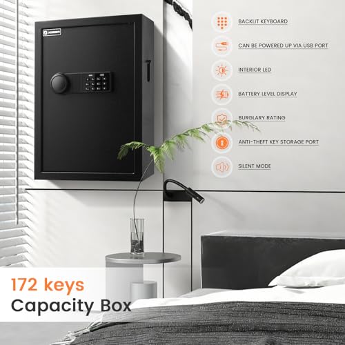 XDeer 172-Key Wall Mount Key Lock Box with Code & WiFi (172 Keys) – Backlit, Bluetooth App Control