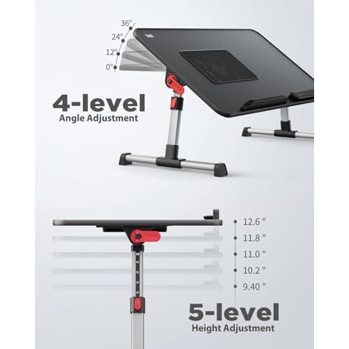 Laptop Desk for Bed with Cooling Fan, SAIJI Height & Angle Adjustable Laptop Stand for Bed, Lap Desk Tray Table, Lightweight Foldable Portable Computer Table for Couch Sofa Chair Floor Desk (Black)