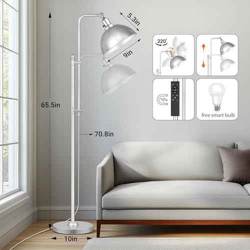 PARTPHONER Industrial Floor Lamp Adjustable, Farmhouse Reading Lamp in Silver Finish Modern Standing Lamp with Remote Control Metal Shade for Living Room Bedroom Study Room Office Hotel