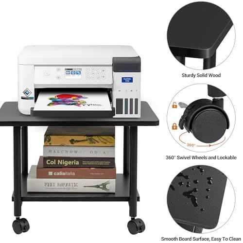 Under Desk Printer Stand - 2-Tier Industrial Mobile Printer Table with Storage Shelf, Heavy Duty Wood Rolling Printer Cart with Wheels for Home and Office,Classic Black
