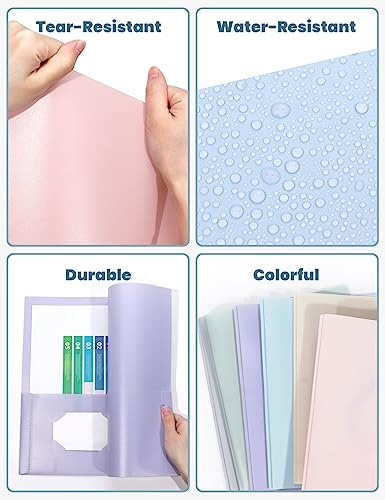 SUNEE Pastel Colors 3-Prong Plastic Folder Set - 6 Pack, 2 Pockets, Letter Size, Tear-Resistant