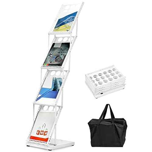 QWORK Foldable Brochure Display Stand, Magazine Brochure Display Rack Stand, 4 Pocket Literature CatalogTradeshow Display Stand, for Office Store and Exhibition Trade Show (White)