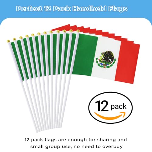 Mexico Flag on Stick 12 Pack | Small Handheld Mexican Flags for Celebrations