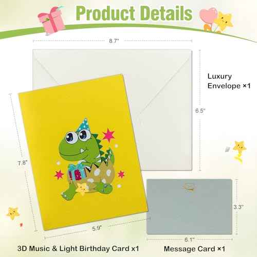 FaCraft Dinosaur Musical Birthday Cards for Kids - Music and Lights 3D T-Rex Handmade Pop Up Birthday Cards with Envelope, Blank Insert, Bday Gift for Boys Girls Son Daughter Grandson Toddler Nephew