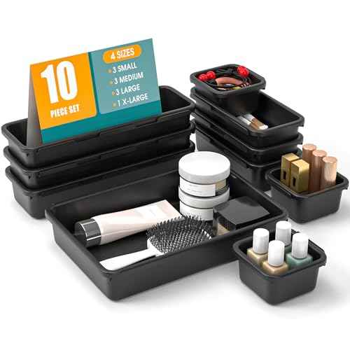 10 PCS Drawer Organizer Set, 4 Size Makeup Drawer Divider Organizer With Non-Slip Pads, Interlocking Plastic Storage Bins for Office,Jewelry Vanity,Gadgets, Bathroom,Kitchen, Black