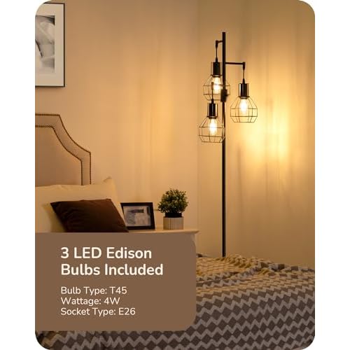 EDISHINE Dimmable Farmhouse Floor Lamp, Industrial Standing Lamp for Living Room, 3 LED Edison Bulbs Included, Black Corner Rustic Tall Tree Reading Lamps Home Decor for Bedroom, Office