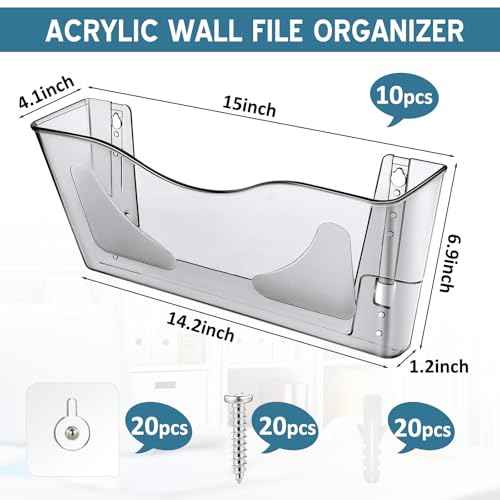 10 Pack Acrylic Single Pocket Hanging File Organizer, Plastic Hanging Wall Mount File Holder Wall Pocket Mails Magazines Organizer Mounted Folder Bins for Office, School and Home
