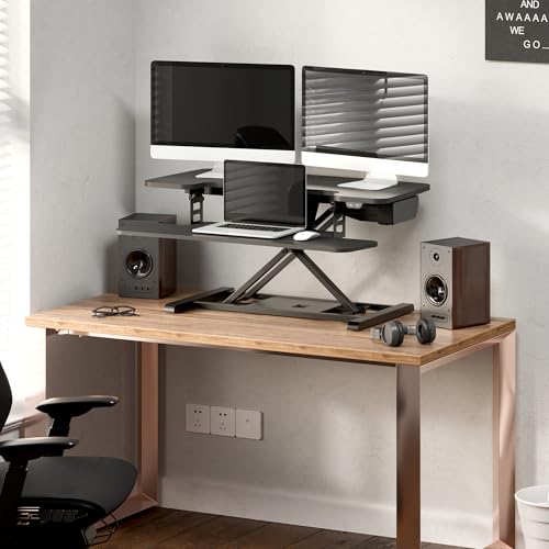 FLEXISPOT 35-Inch Black Electric Standing Desk Converter with Large Workstation