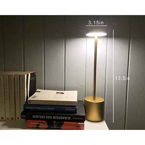 Cordless Table Lamp, Rechargeable LED Battery 6000mAh Metal USB Portable Powered Desk Lamp, 3 Levels Brightness Light for Restaurants Outdoor (13.25in Gold)