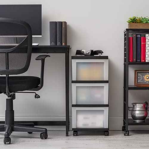 IRIS USA Plastic Drawer Storage Organizer Rolling Cart, with Wheels Casters, 3-Drawers, for Classroom Art Craft Supplies Dresser Closet Bathroom Laundry Room, Black/ Pearl