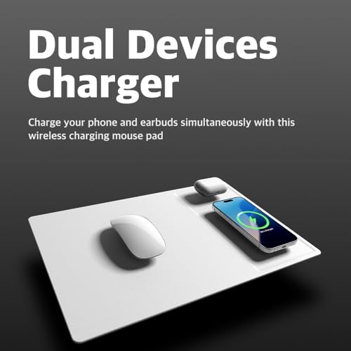 POUT H3 PRO Dual Qi Wireless Charging Mouse Pad ? Dual Fast Wireless Chargers for Smartphones and Earbuds ? Smooth Surface with Anti-Slip Base for Home and Office Use (Polar White)