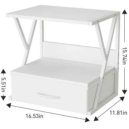 aboxoo Printer Stand for Desk with Storage Drawer, 2 Tier Desktop Or UnderDesk Shelf, Multi-Purpose Desk Organizer for Home Office, fit Fax Machine/3D Printer/Scanner, White