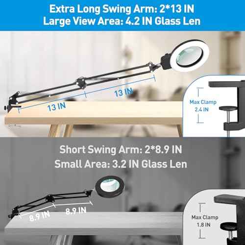 KIRKAS 12X Magnifying Glass with Light, Long Swing Arm, Any Color Modes & Stepless Dimming LED Magnifying Lamp with Clamp, Memory Function Lighted Magnifier for Crafts, Reading, Hobby, Close Work