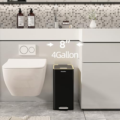 Stainless Steel Trash Can with Soft Close Lid,15 Liter/4 Gallon Garbage Can Kitchen Removable Wastebasket, Rectangular for Bathroom, Office (Black)