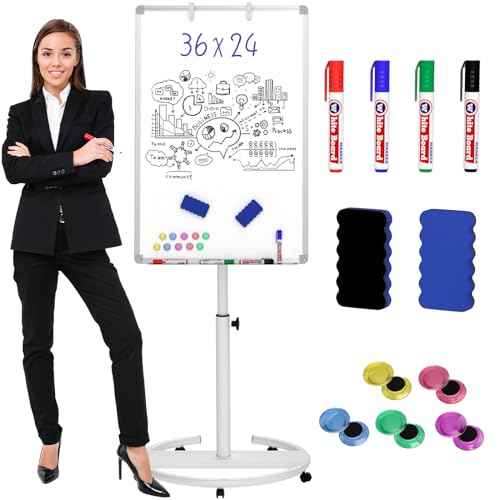 Nicpro Mobile Whiteboard 36"x 24" Magnetic Dry Erase Board, Height Adjustable Standing Easel With 5 Wheels, Flipchart Hooks, Rolling for Office Home or Classroom Teaching