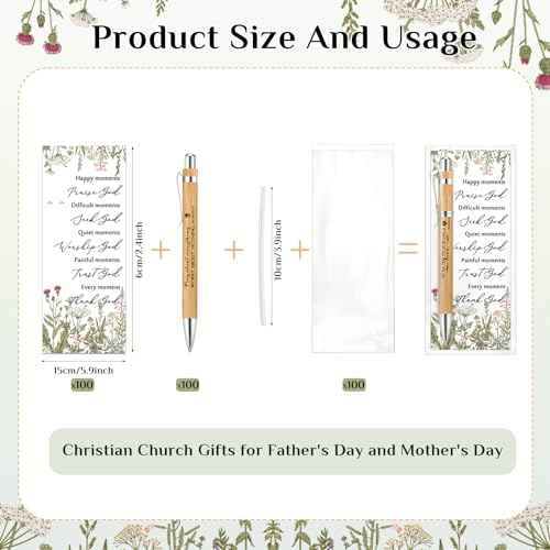 100 Set Church Christian Gifts Bulk Include Bible Verse Bamboo Pens Inspirational Bookmarks Christian Scripture Biblical VBS Religious Faith Based Sunday School Gifts for Women Men Pastor