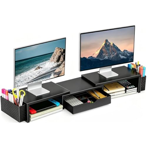 Spacrea Dual Monitor Stand Riser with Drawer & Pen Holders - Black