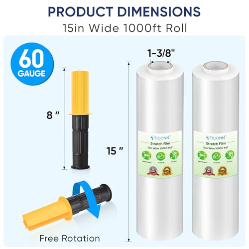 TICONN Stretch Wrap Stretch Film Roll, 1000ft Industrial Strength 15 inch Wide Clear Plastic Wrap with Handles for Pallet Wrapping Shipping Moving
