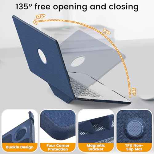 Compatible for MacBook Air 15 Inch Case M4 M3 M2 2025 2024 2023, Foldable Stand, Mouse Pad/Bag, Keyboard Cover, Plastic Hard Shell Woven Fabric Protective Cover for A3241 A3114 A2941, Navy