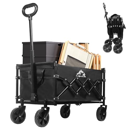 Collapsible Wagon Folding Utility Cart, Beach Wagon 352LBS Heavy-Duty with Adjustable Handles, 5" Quiet Swivel Wheels, Lightweight (11lbs) for Groceries, Camping, Moving, Black